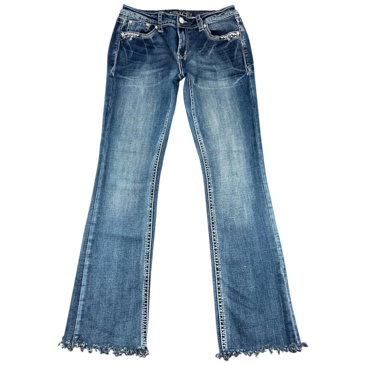 Grace In LA Embroidered Blue Flare Jeans with Crystal