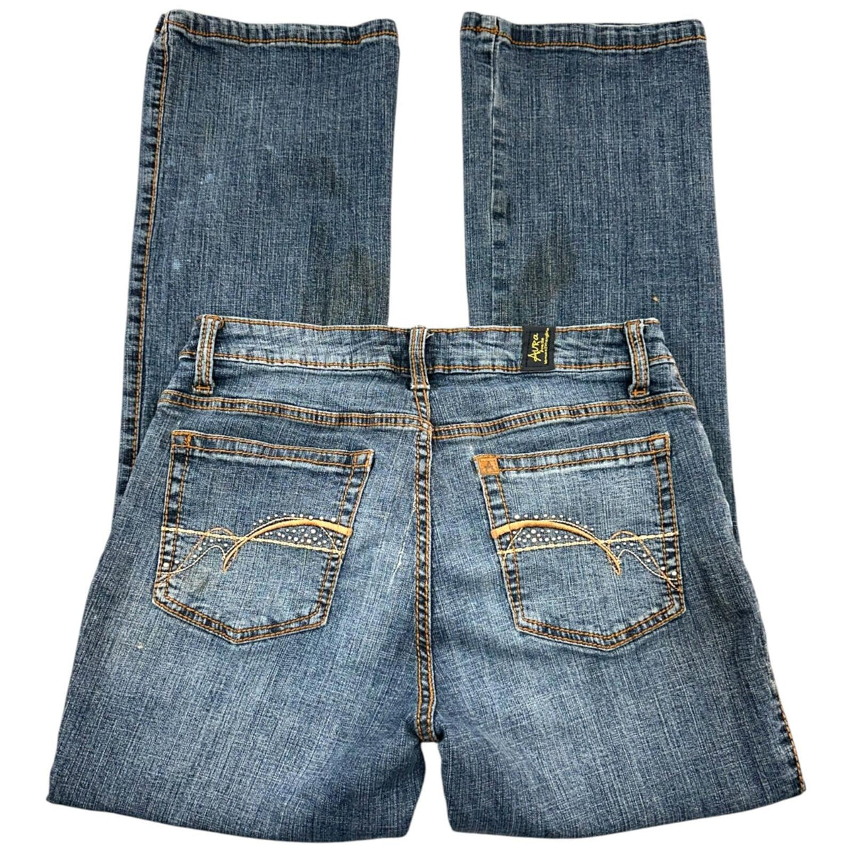 Wrangler Aura Flare Jeans Blue Gray Embroidered Rhinestone