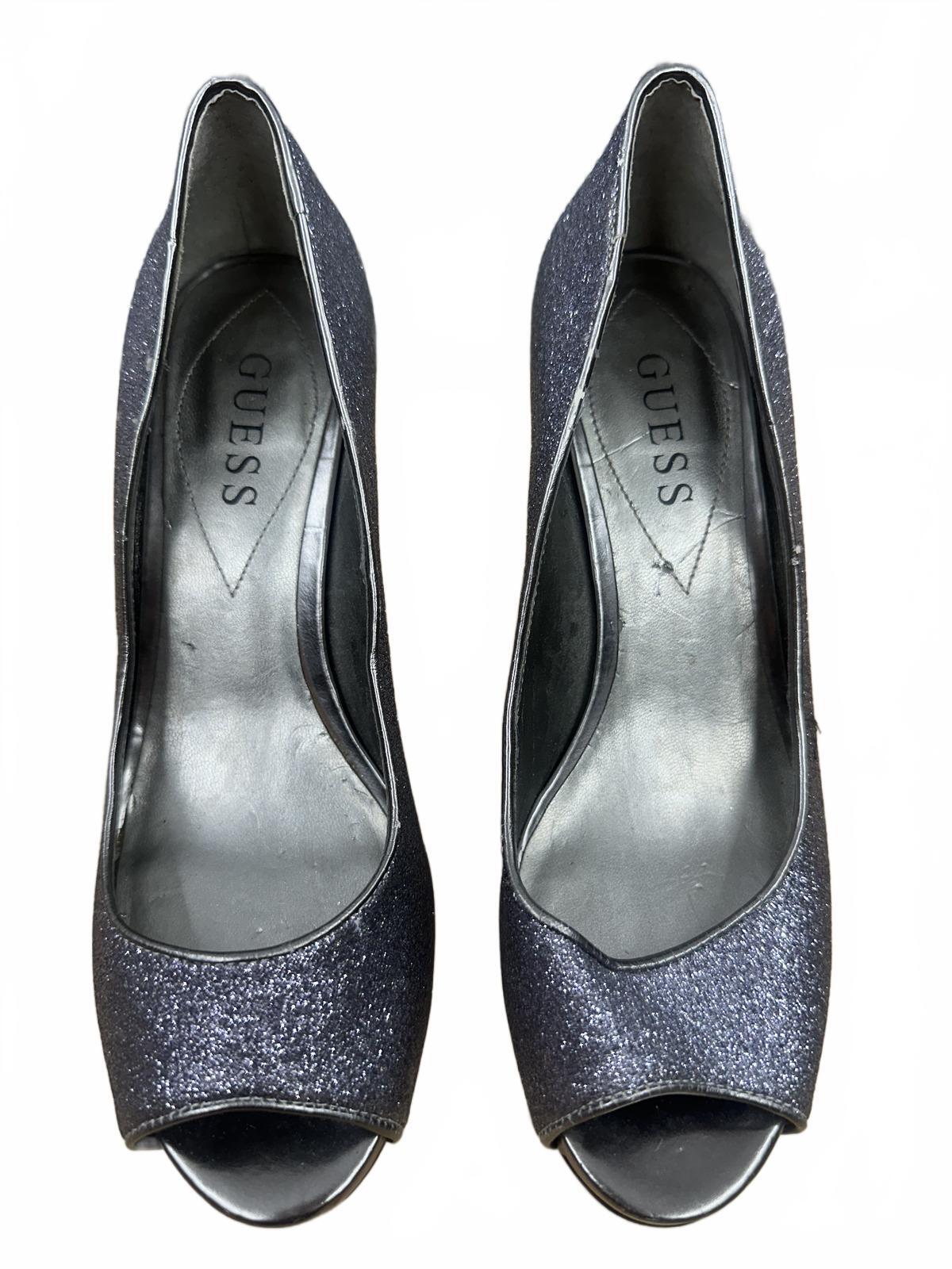 GUESS Silver Glitter Peep Toe Heels Mid Stiletto Glam Party Formal Pumps