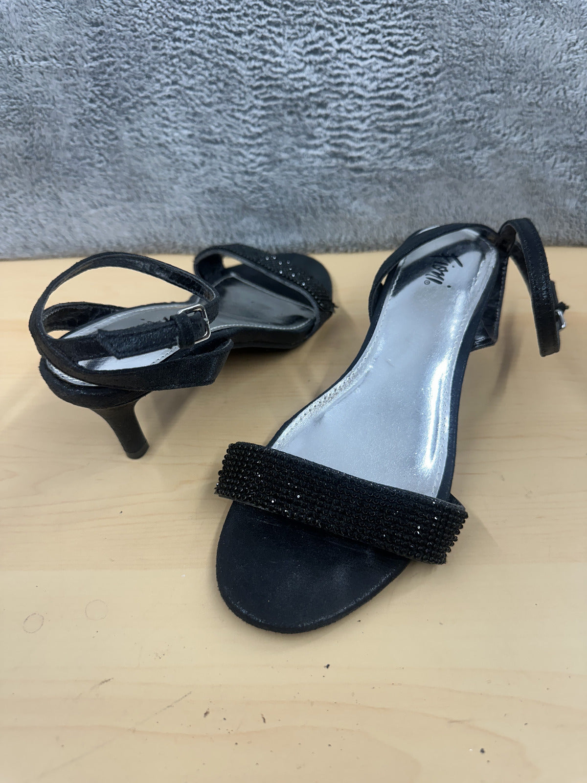 FIONI Black Beaded Ankle Strap Heeled Sandals Elegant Formal Party Shoes