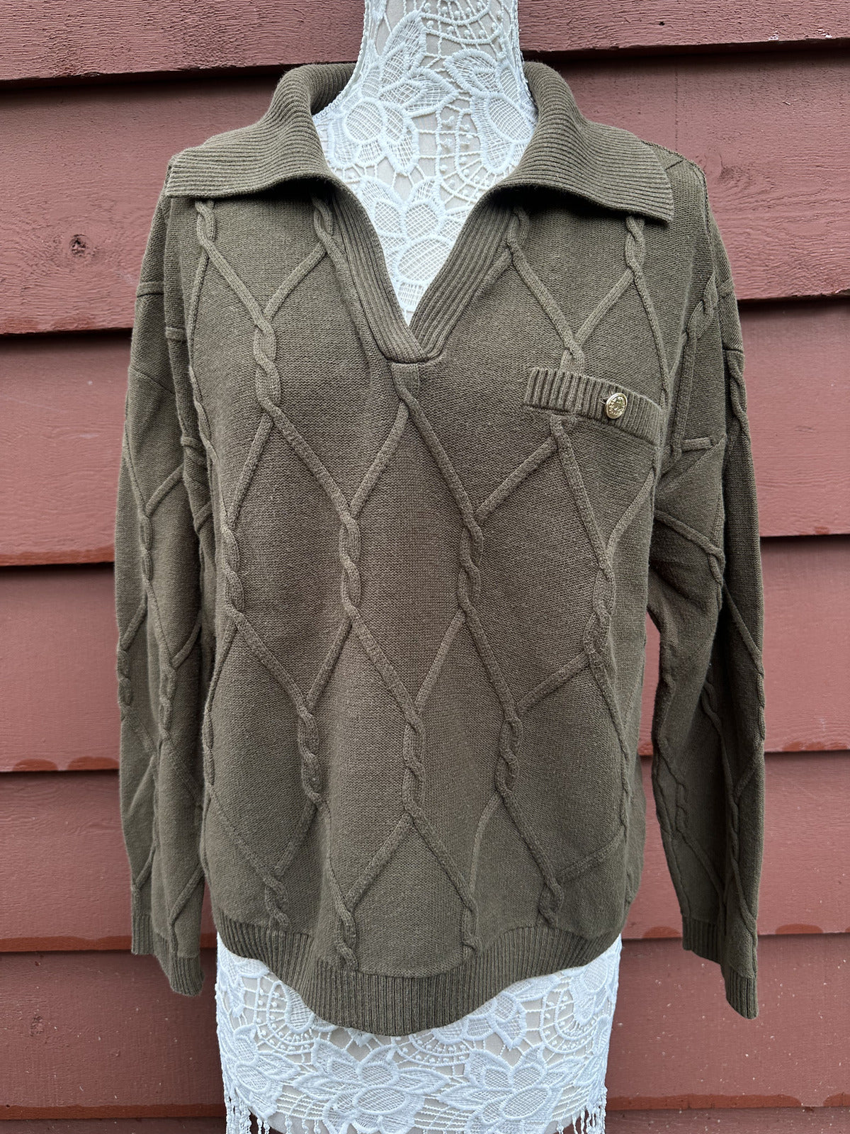 Talbots Vintage Olive Green Cable Knit Sweater Classic Preppy Knitwear