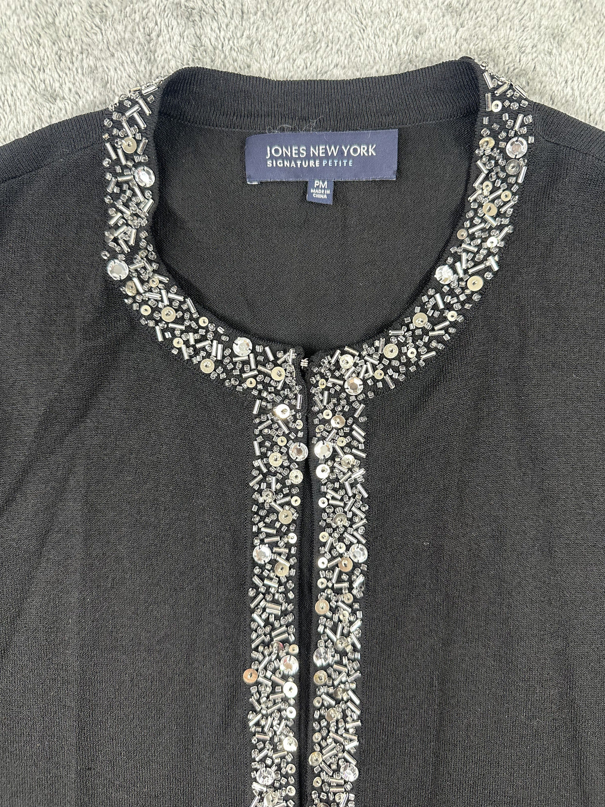 Jones New York Signature Petite Black Embellished Cardigan with Silver Beaded