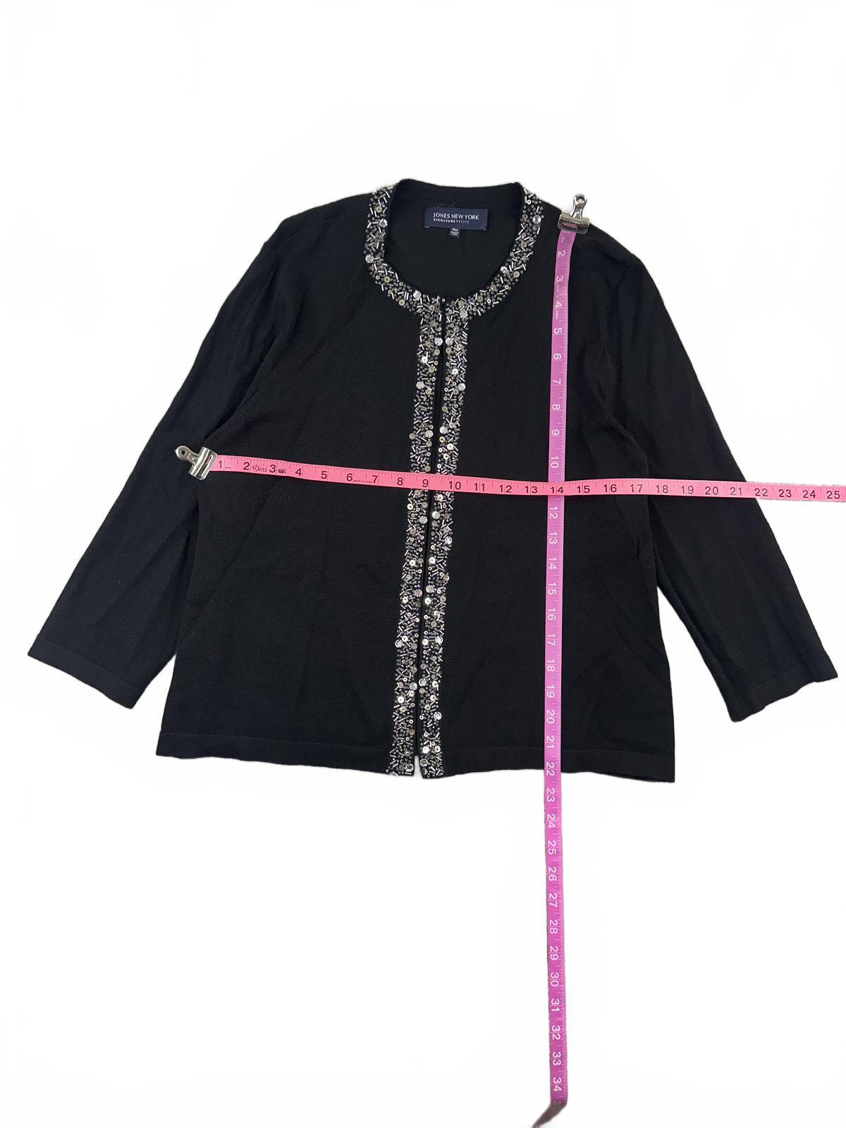 Jones New York Signature Petite Black Embellished Cardigan with Silver Beaded
