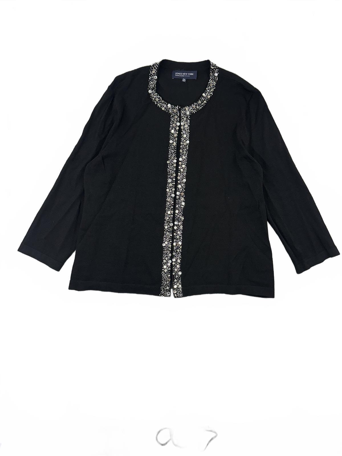 Jones New York Signature Petite Black Embellished Cardigan with Silver Beaded
