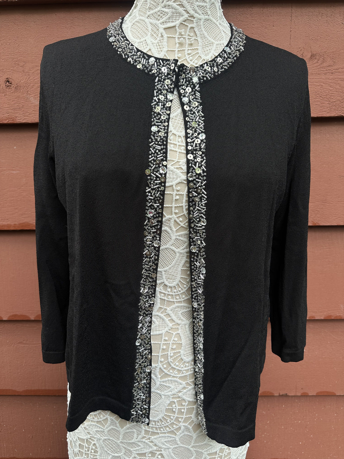Jones New York Signature Petite Black Embellished Cardigan with Silver Beaded