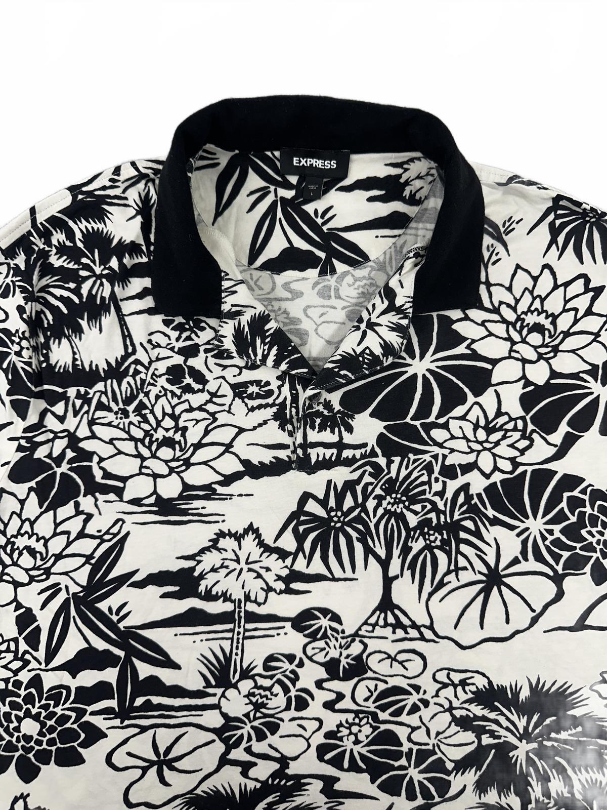 Express Black and White Tropical Print Polo Shirt