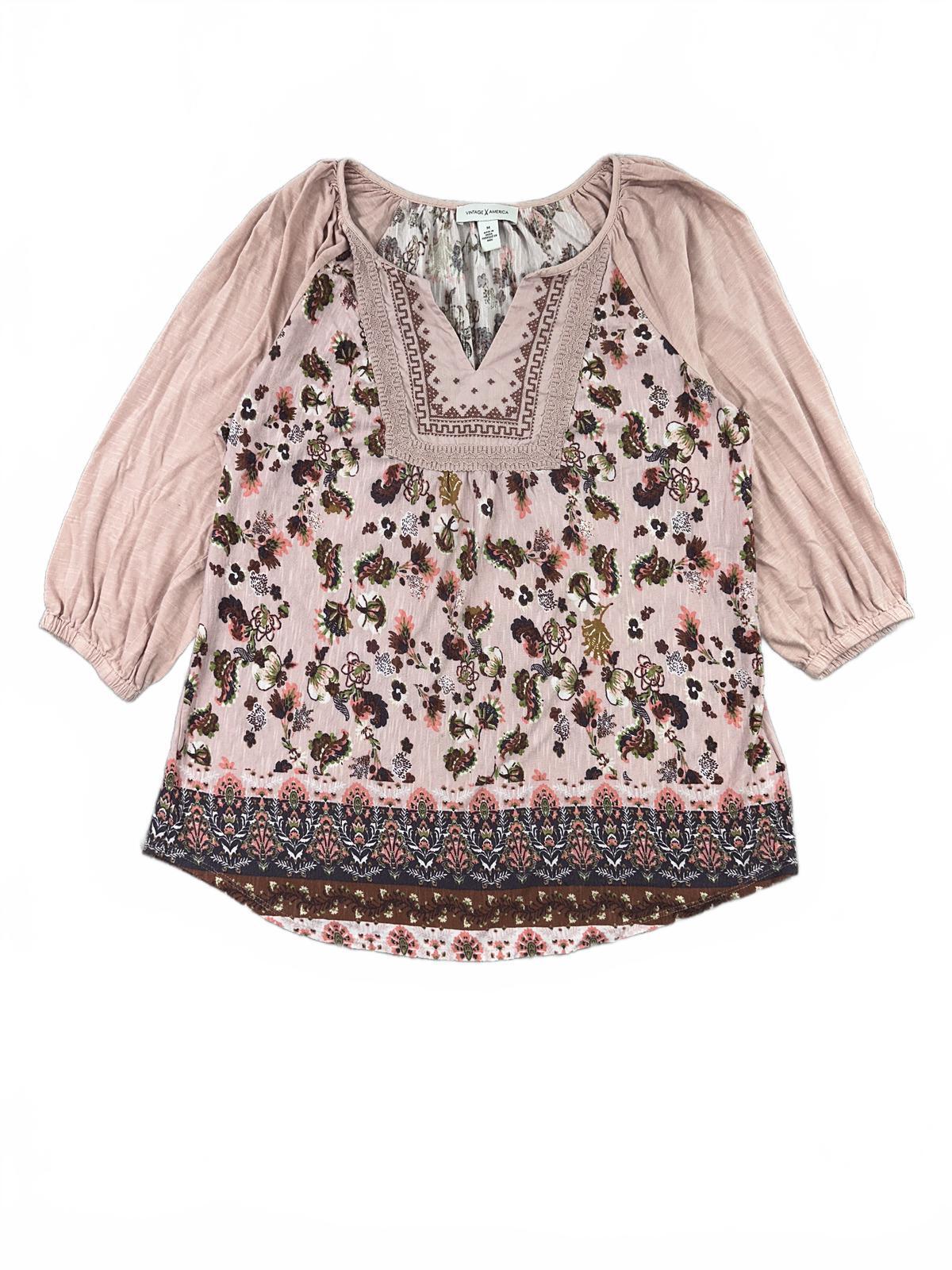 Vintage X America Bohemian Floral Embroidered Pink Blouse 3/4 Cottage