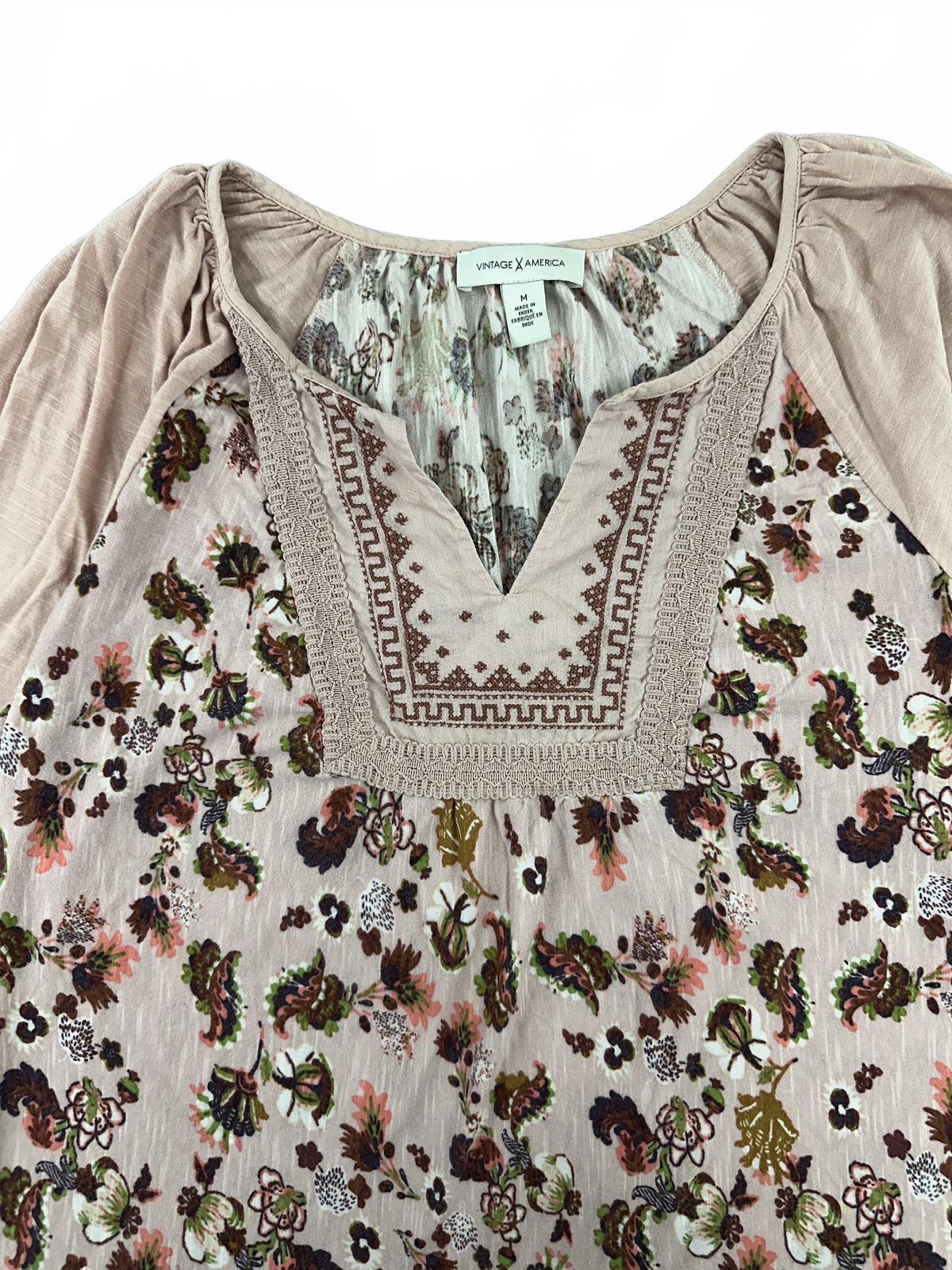 Vintage X America Bohemian Floral Embroidered Pink Blouse 3/4 Cottage