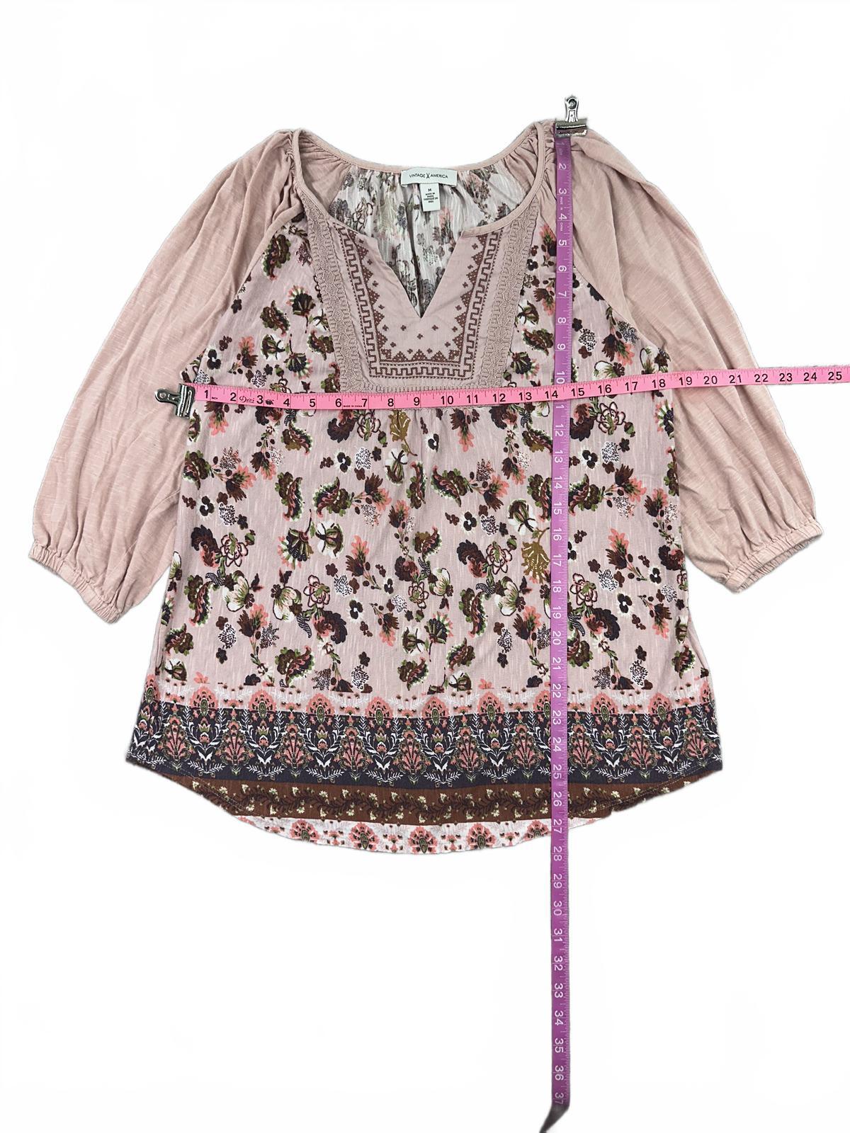 Vintage X America Bohemian Floral Embroidered Pink Blouse 3/4 Cottage