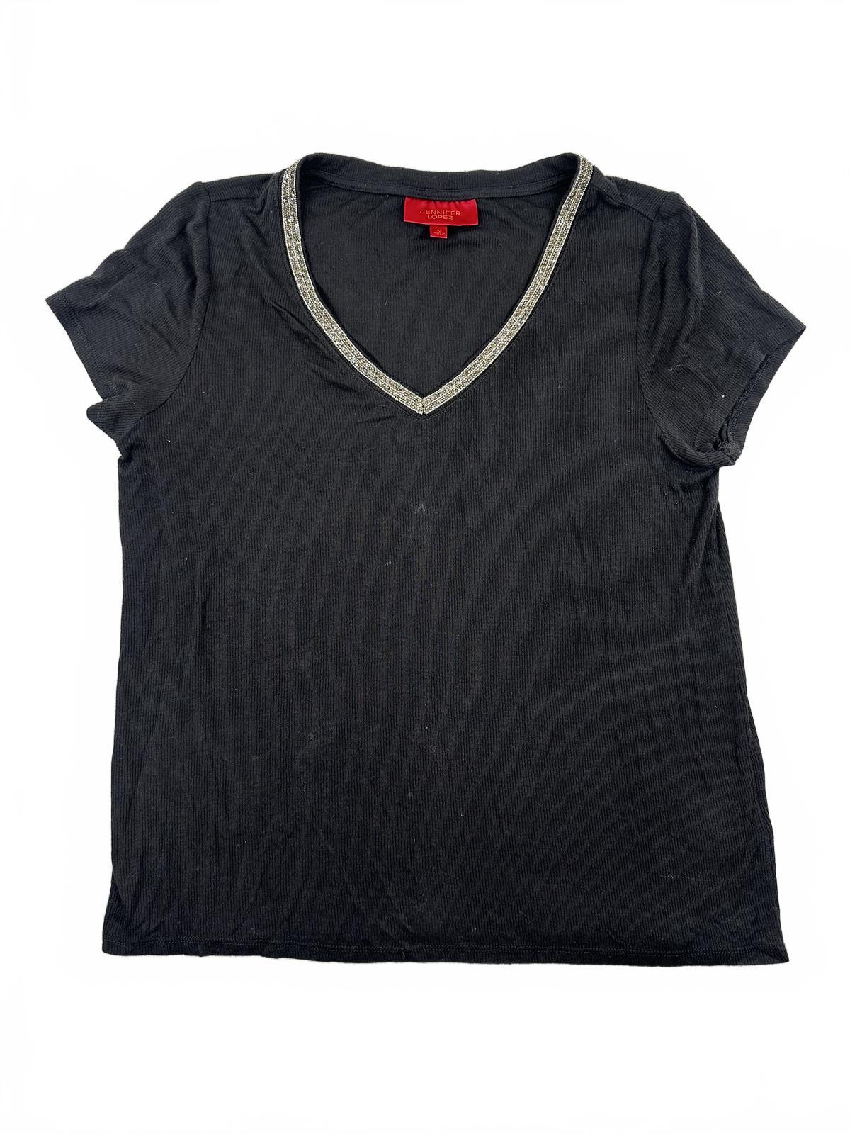 Jennifer Lopez Black V Neck Tee with Sparkling Silver Embellished Trim