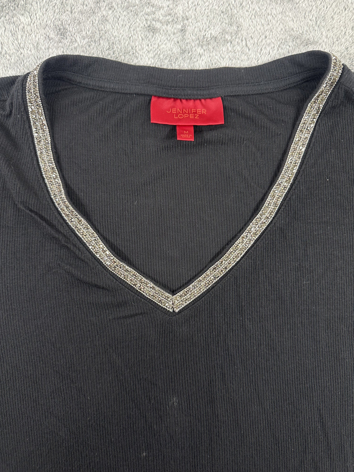 Jennifer Lopez Black V Neck Tee with Sparkling Silver Embellished Trim