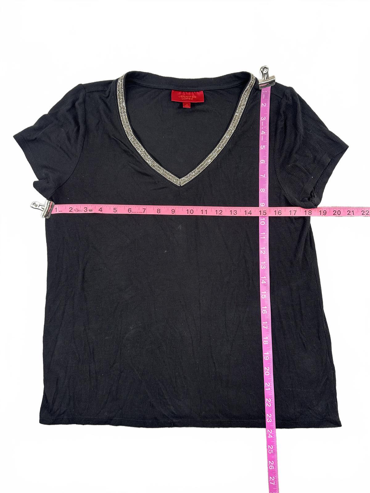 Jennifer Lopez Black V Neck Tee with Sparkling Silver Embellished Trim