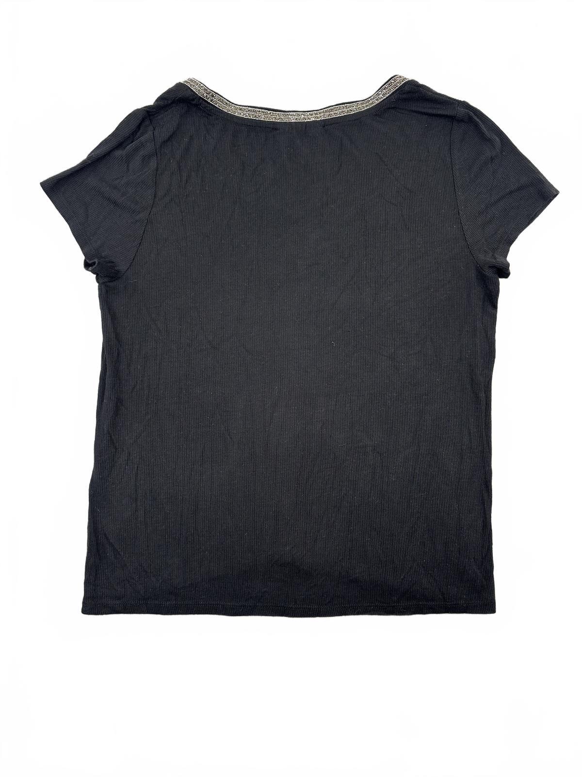 Jennifer Lopez Black V Neck Tee with Sparkling Silver Embellished Trim