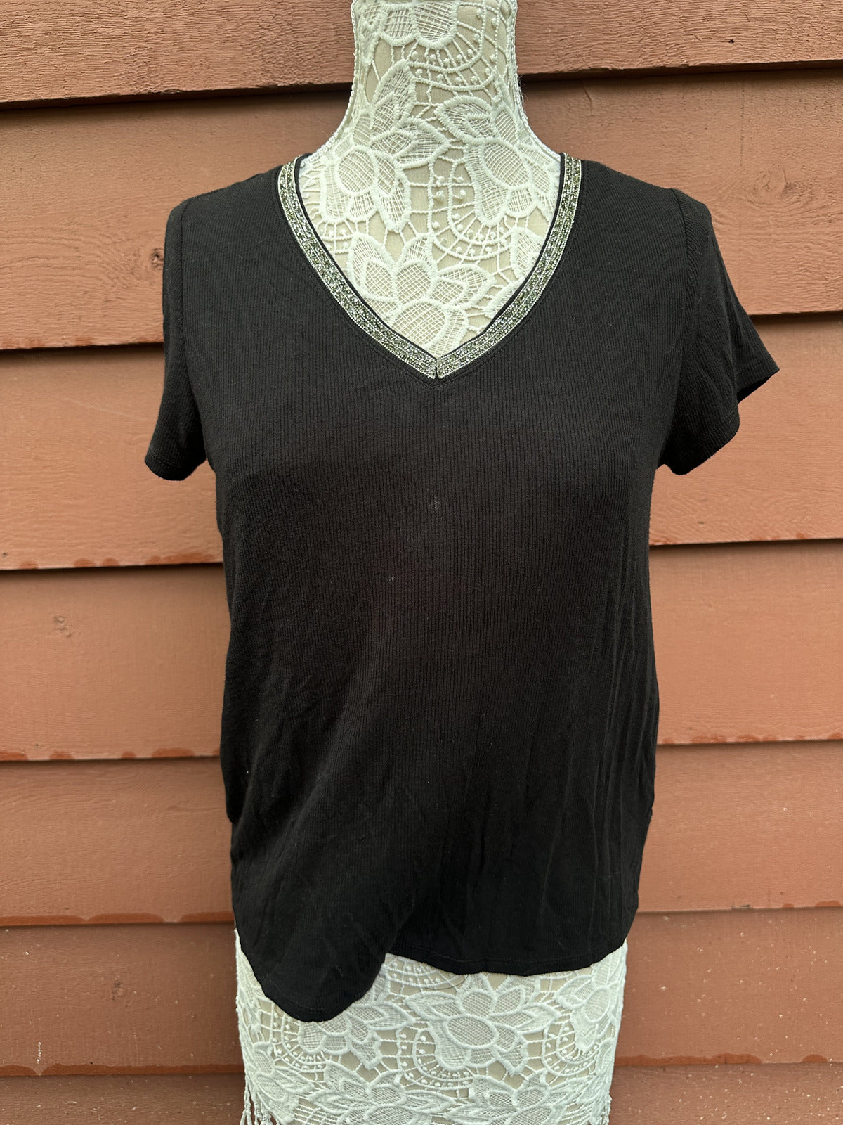 Jennifer Lopez Black V Neck Tee with Sparkling Silver Embellished Trim