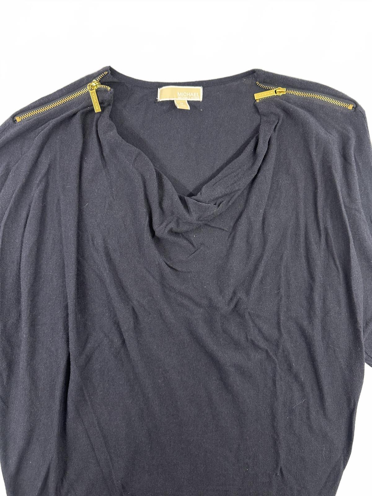 Michael Kors Navy Sweater with Draped Neckline and Gold Zipper Shoulder Accents