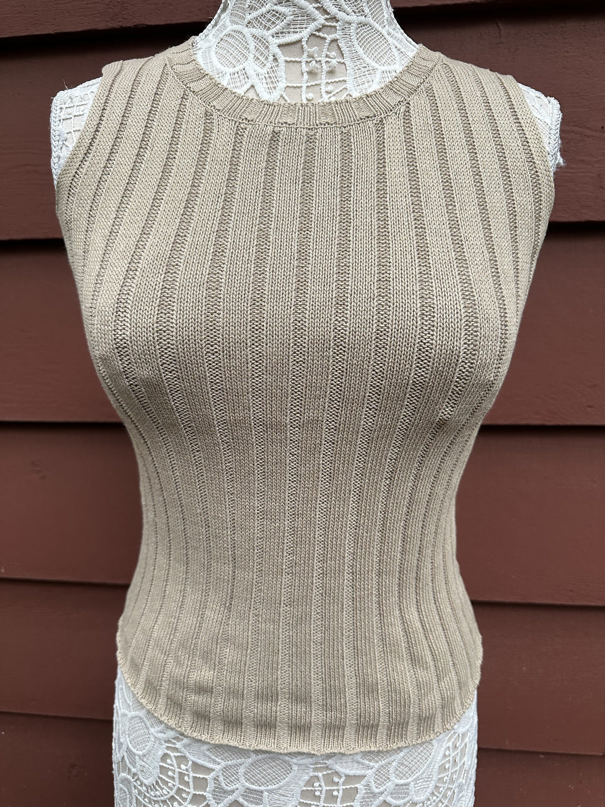 Khaki Ribbed Knit Sleeveless Sweater Vest Tank Top Casual