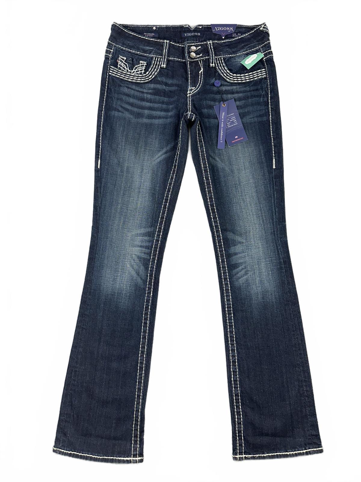 VIGOSS Slim Bootcut Jeans Blue Denim White Stitching Y2K Vintage