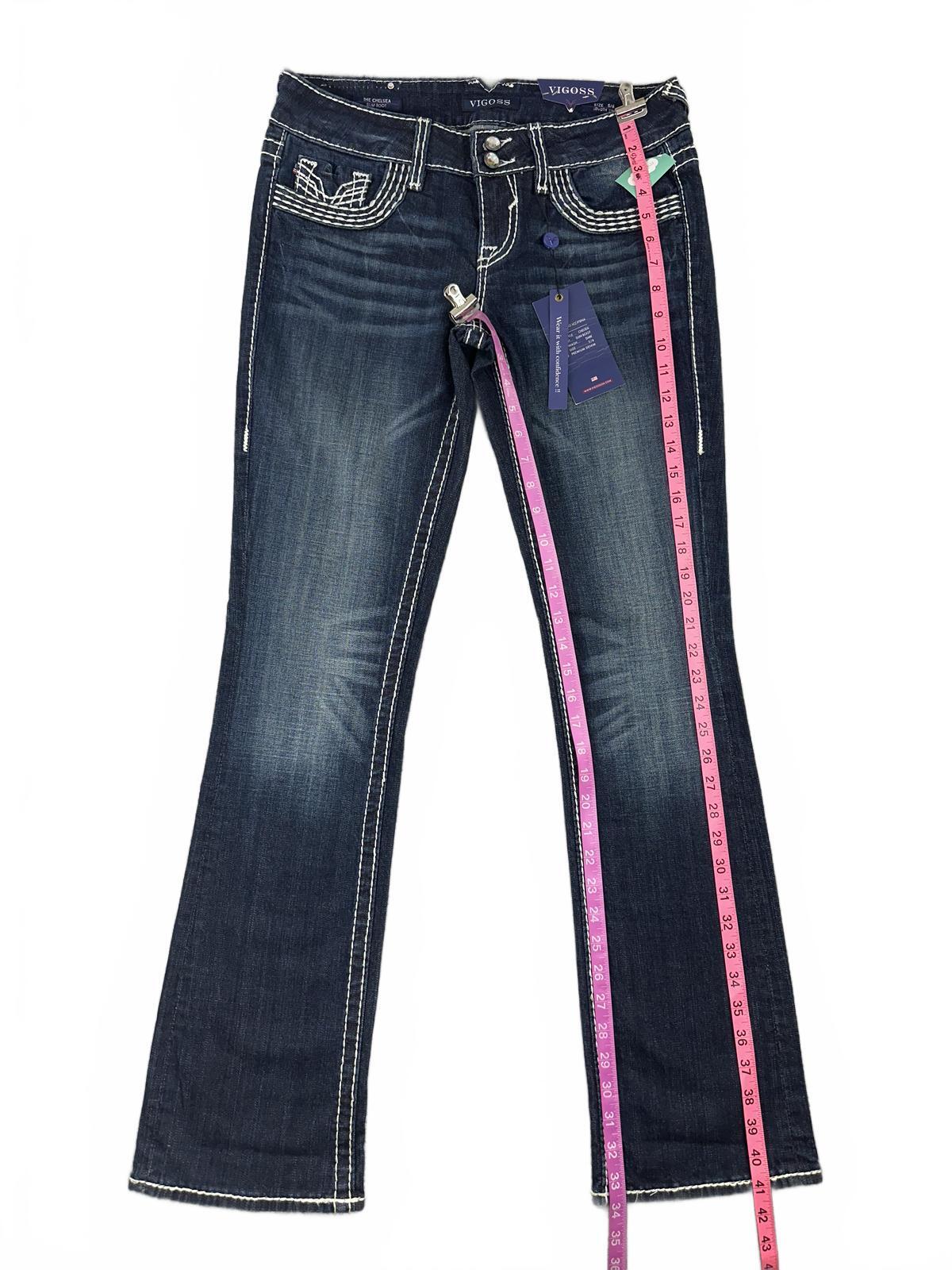 VIGOSS Slim Bootcut Jeans Blue Denim White Stitching Y2K Vintage