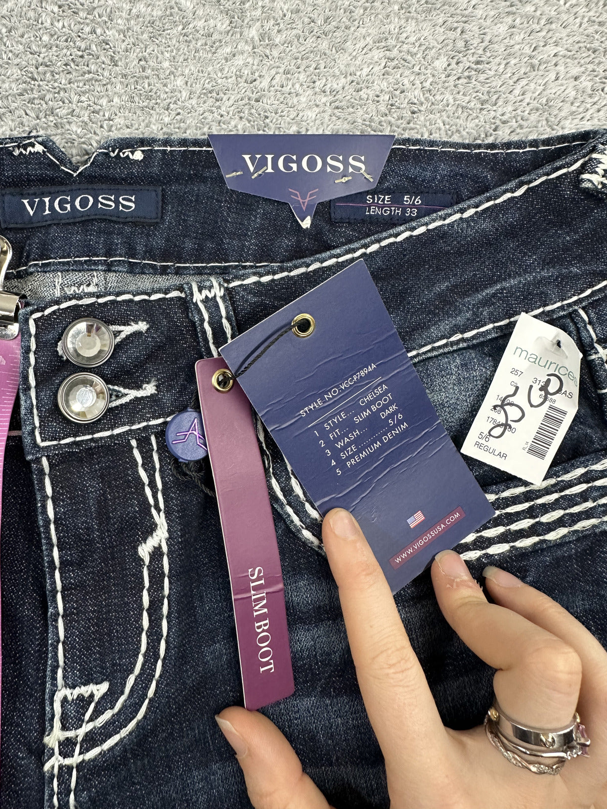 VIGOSS Slim Bootcut Jeans Blue Denim White Stitching Y2K Vintage