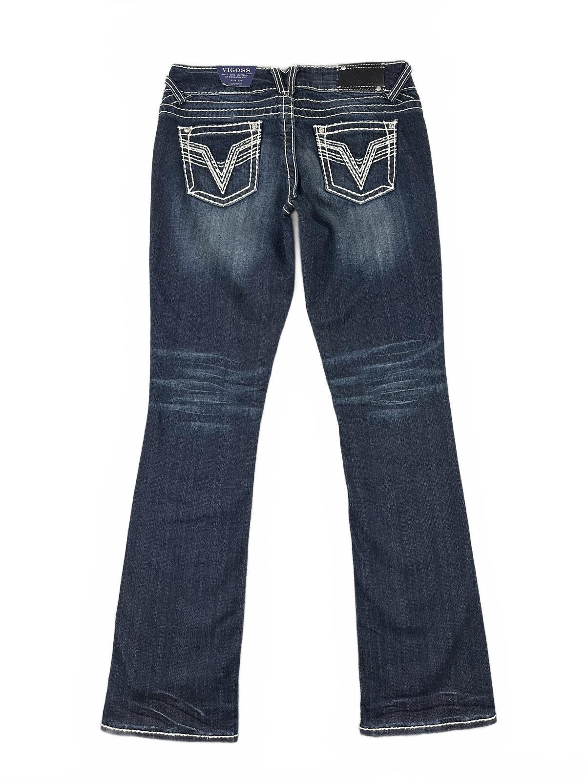 VIGOSS Slim Bootcut Jeans Blue Denim White Stitching Y2K Vintage