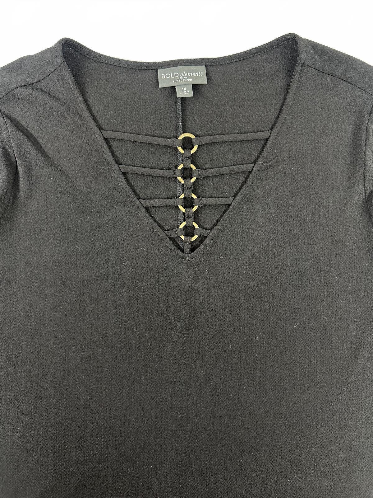 Bold Elements Black Cut to Curve V Neck Top with Strap and Ring Detail