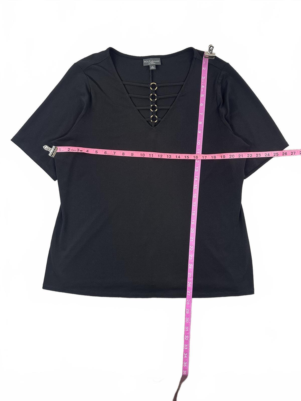 Bold Elements Black Cut to Curve V Neck Top with Strap and Ring Detail