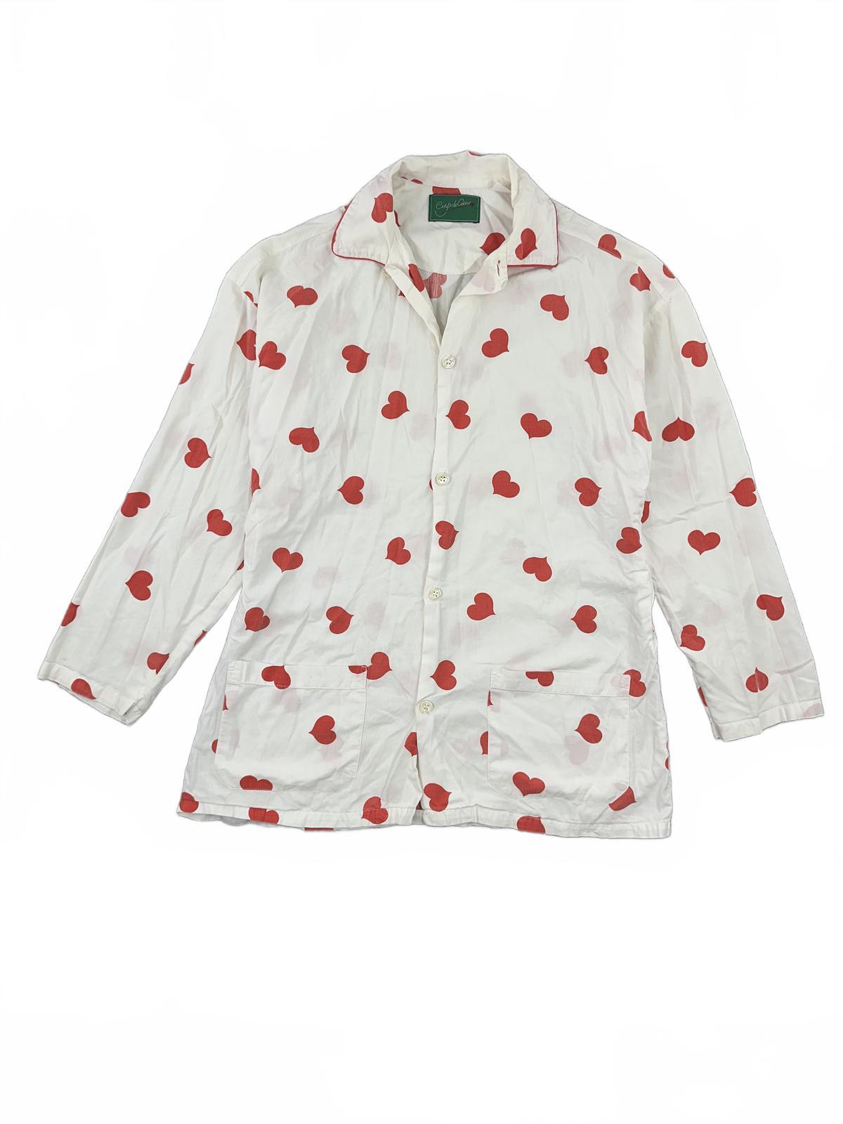 Coup de Coeur Vintage White Button Up Shirt with Red Heart Print Romantic Retro