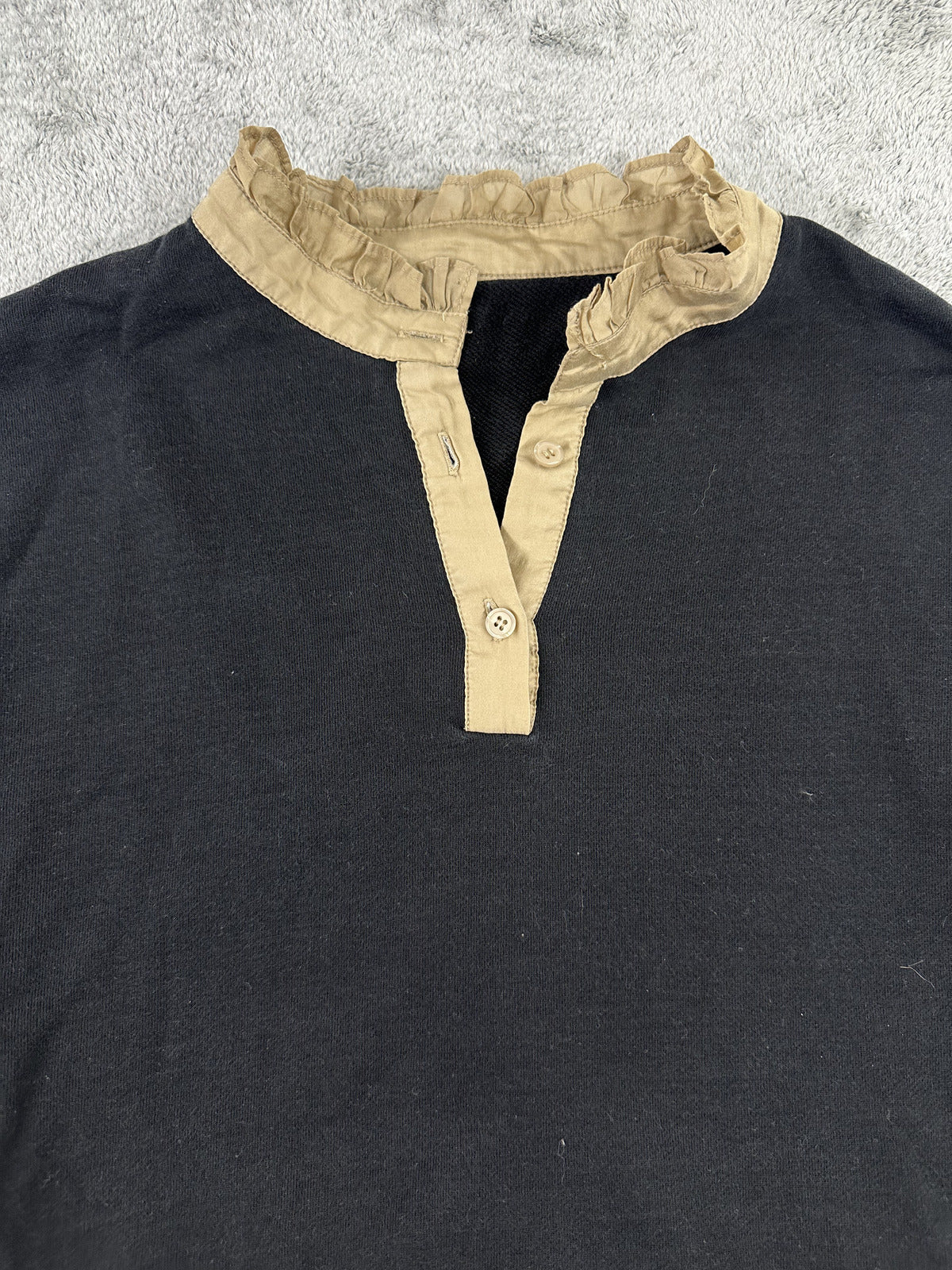 Black and Beige Layered Long Sleeve Top with Ruffled Collar