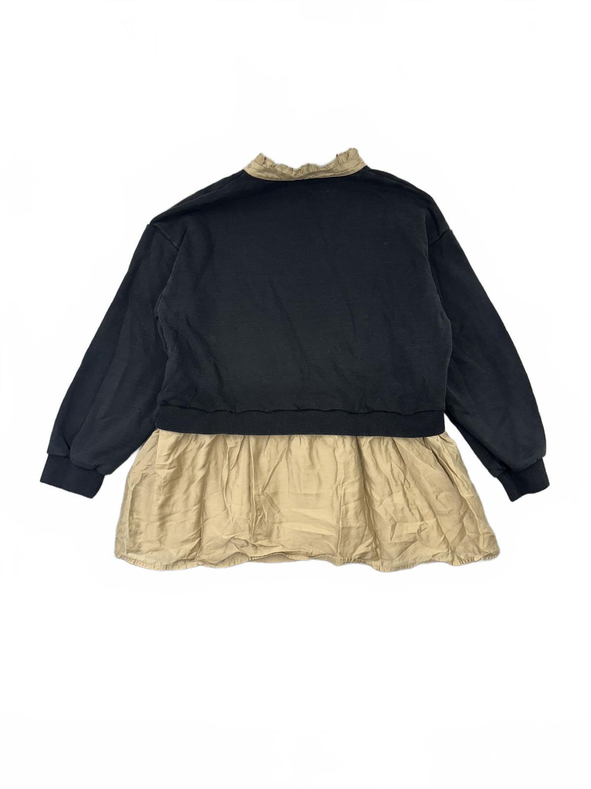 Black and Beige Layered Long Sleeve Top with Ruffled Collar