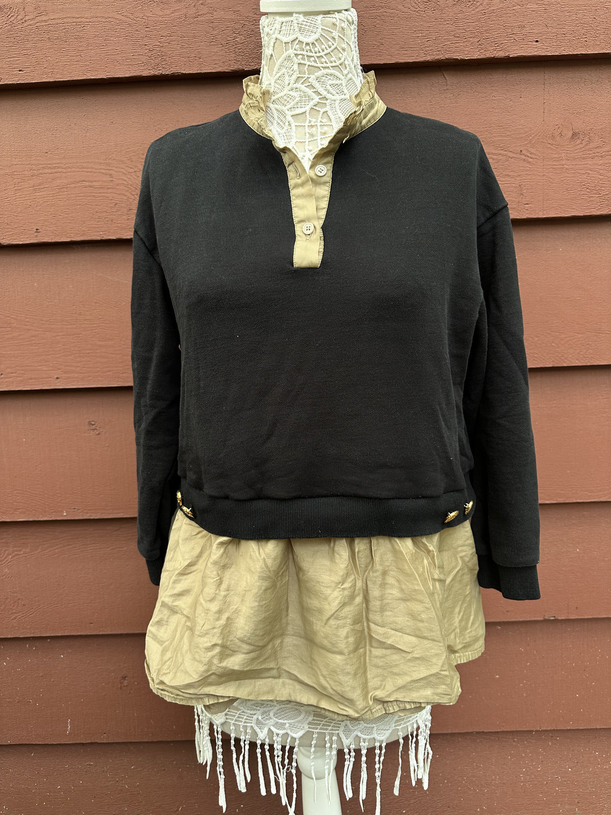 Black and Beige Layered Long Sleeve Top with Ruffled Collar