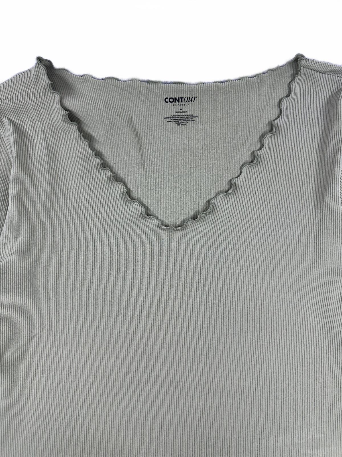 Contour by PacSun Sage Green Ribbed Long Sleeve Top with Lettuce Edge Detail