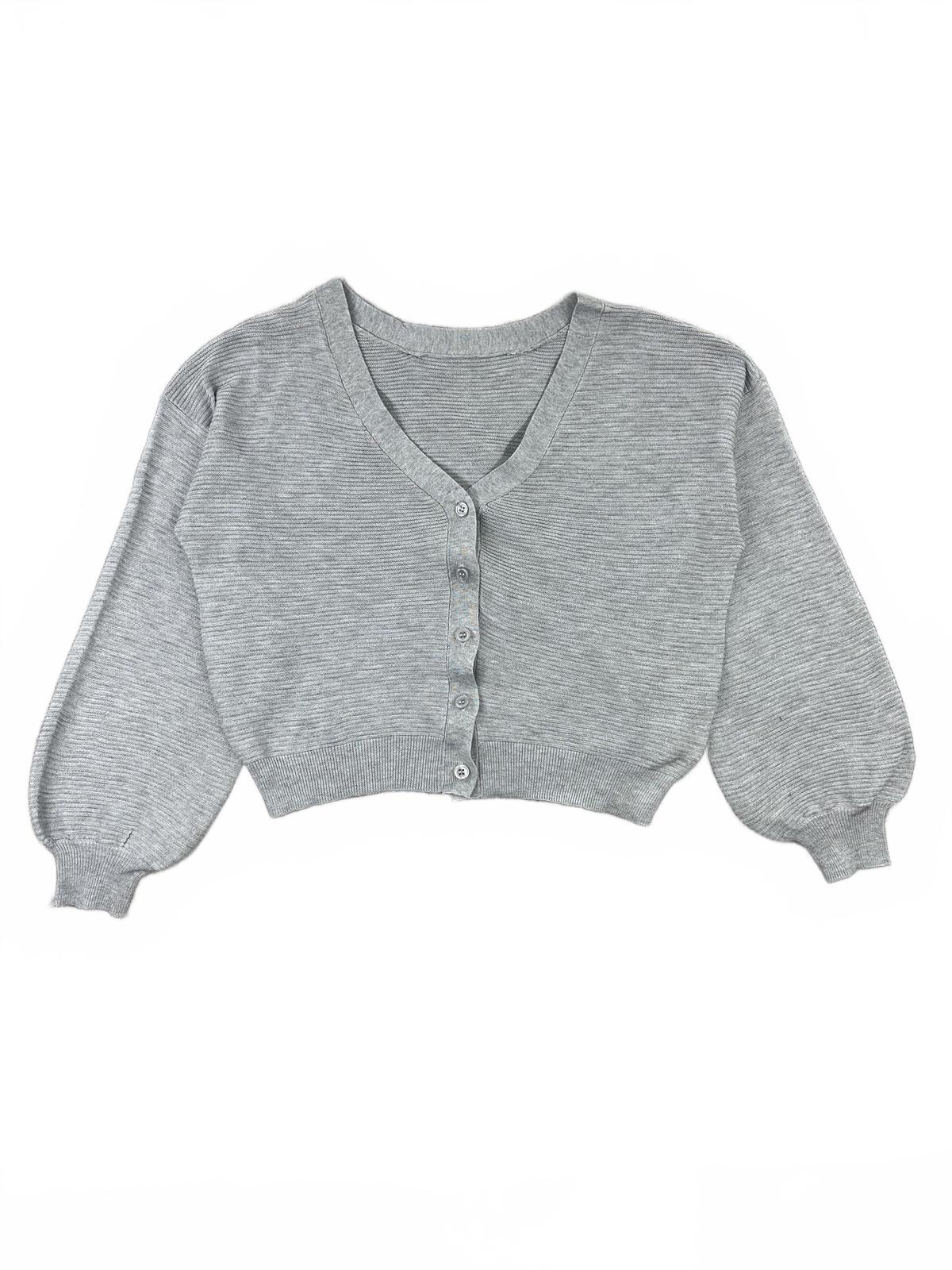 Gray Cropped Button Up Cardigan Sweater Casual Knit Preppy Style