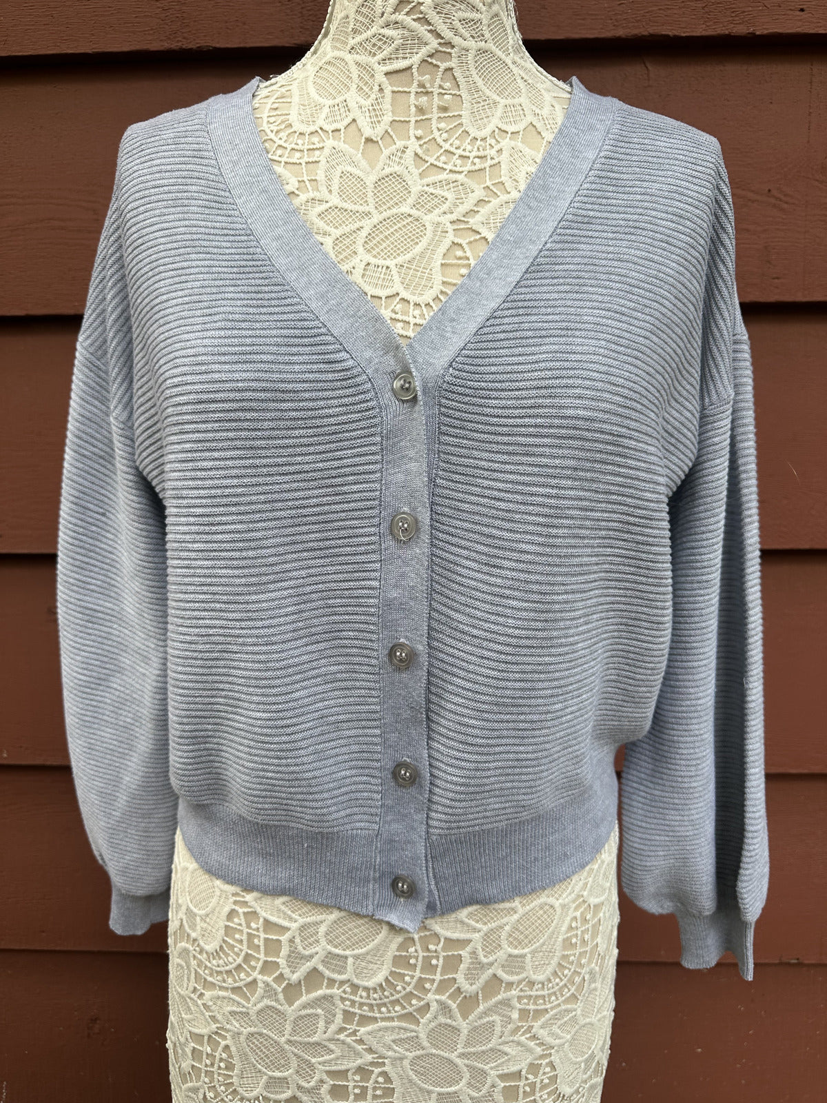 Gray Cropped Button Up Cardigan Sweater Casual Knit Preppy Style