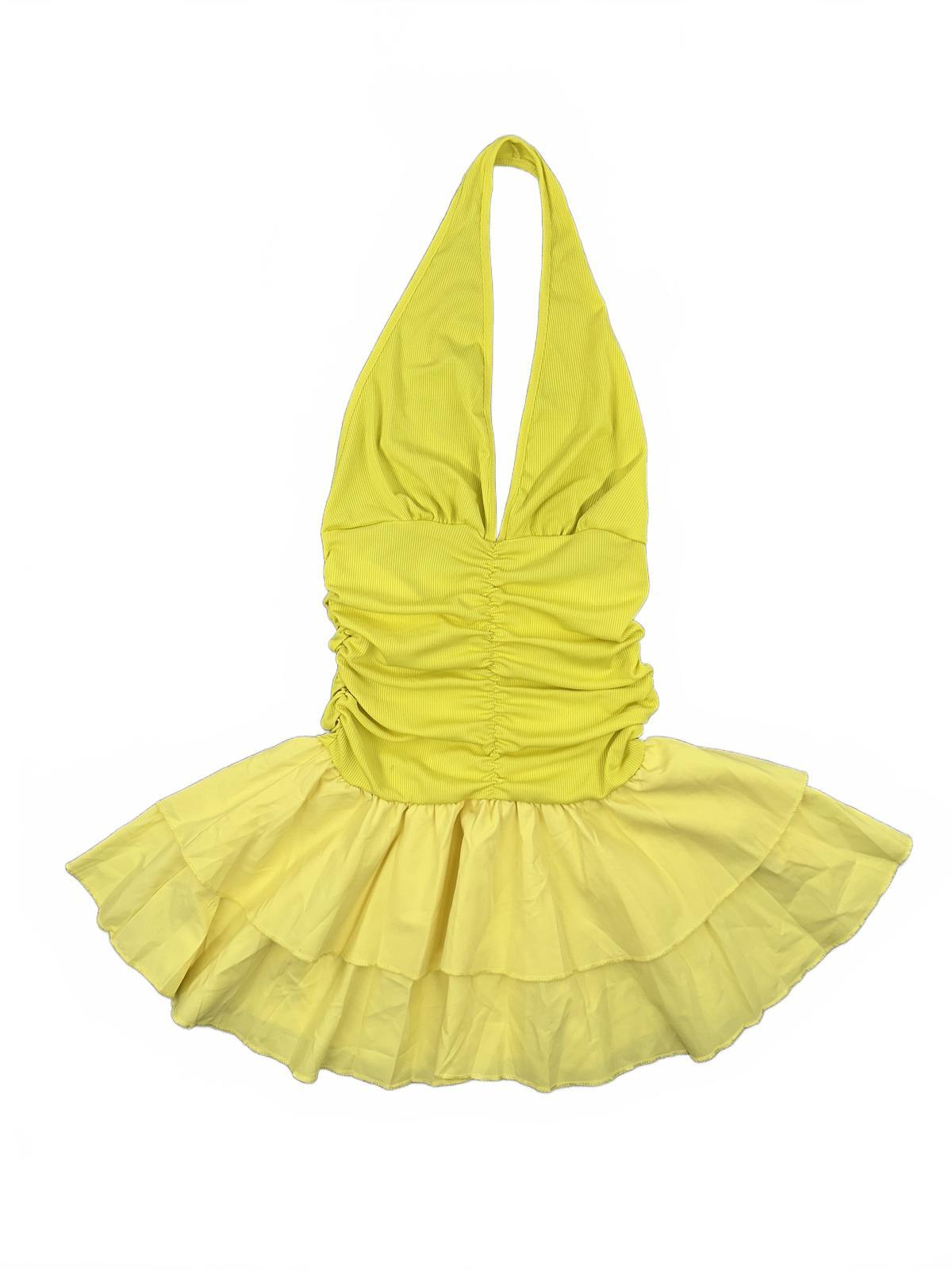 Yellow Halter Mini Dress with Ruched Bodice and Double Ruffle Skirt