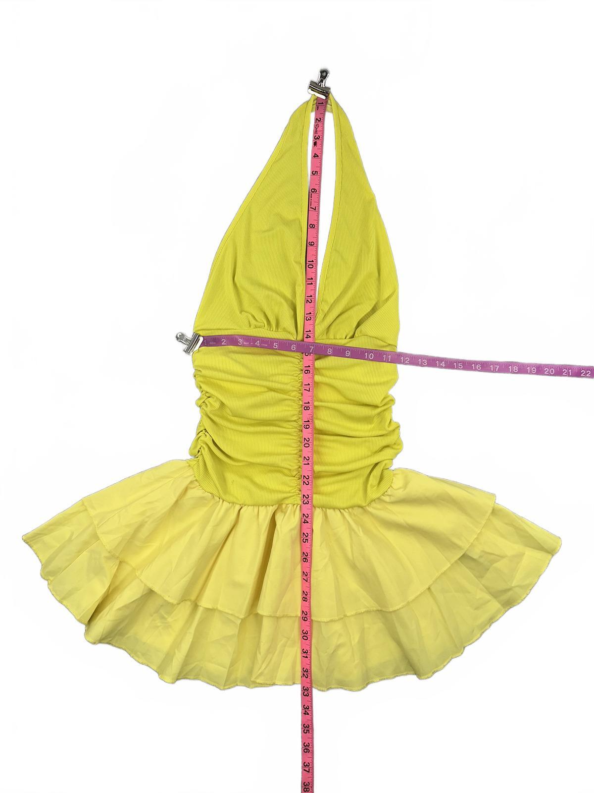 Yellow Halter Mini Dress with Ruched Bodice and Double Ruffle Skirt