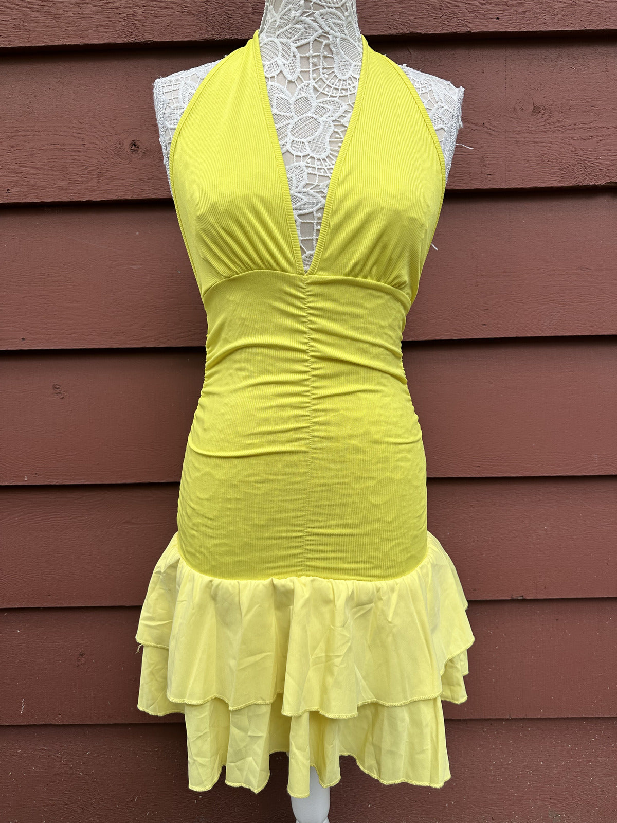 Yellow Halter Mini Dress with Ruched Bodice and Double Ruffle Skirt