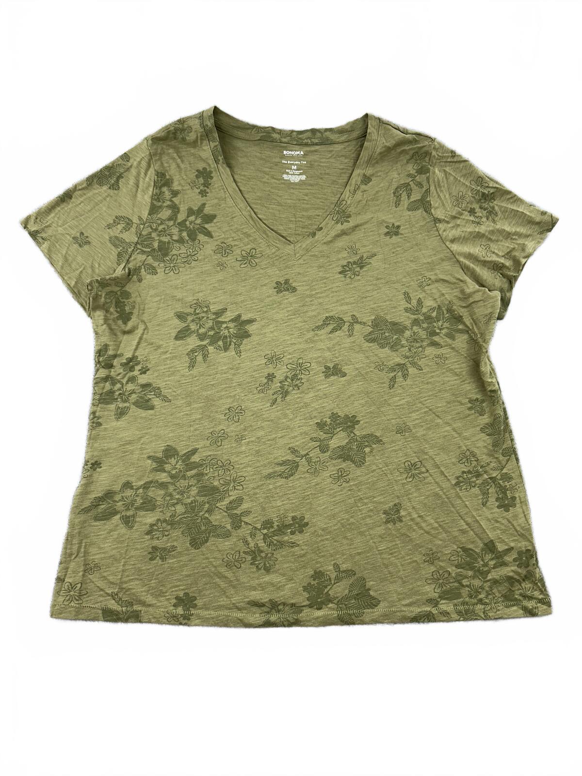 Sonoma Olive Green Floral V Neck Tee Casual Lightweight Summer Shirt