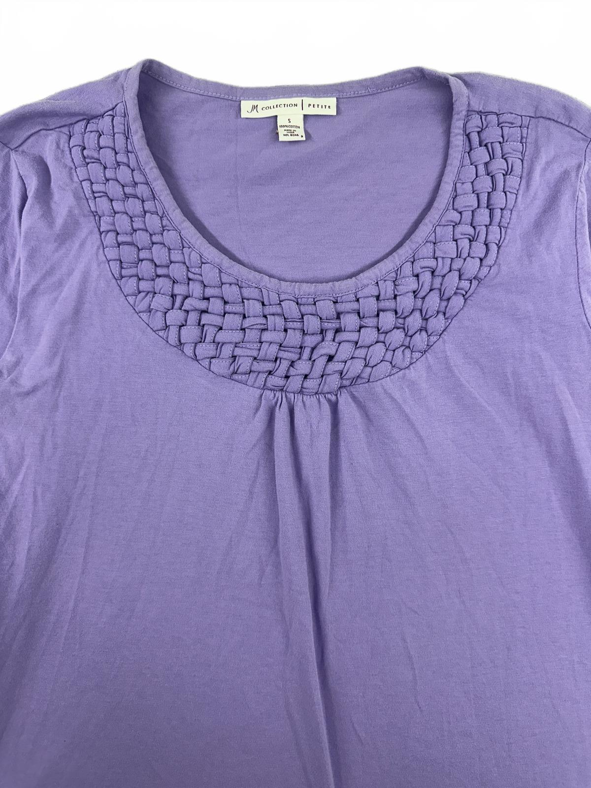 JM Collection Petite Lavender Cotton Top with Woven Neckline Feminine