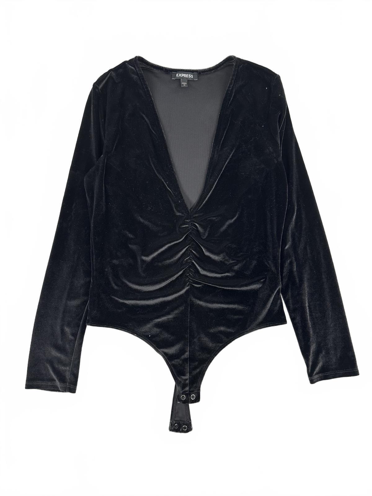 Express Black Velvet Bodysuit Long Sleeve Ruched Front Deep V Neck Chic
