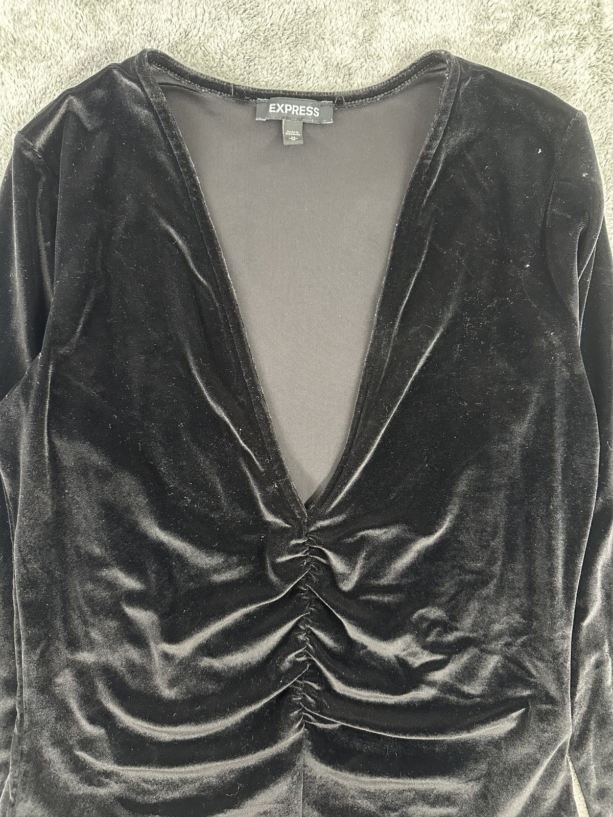 Express Black Velvet Bodysuit Long Sleeve Ruched Front Deep V Neck Chic