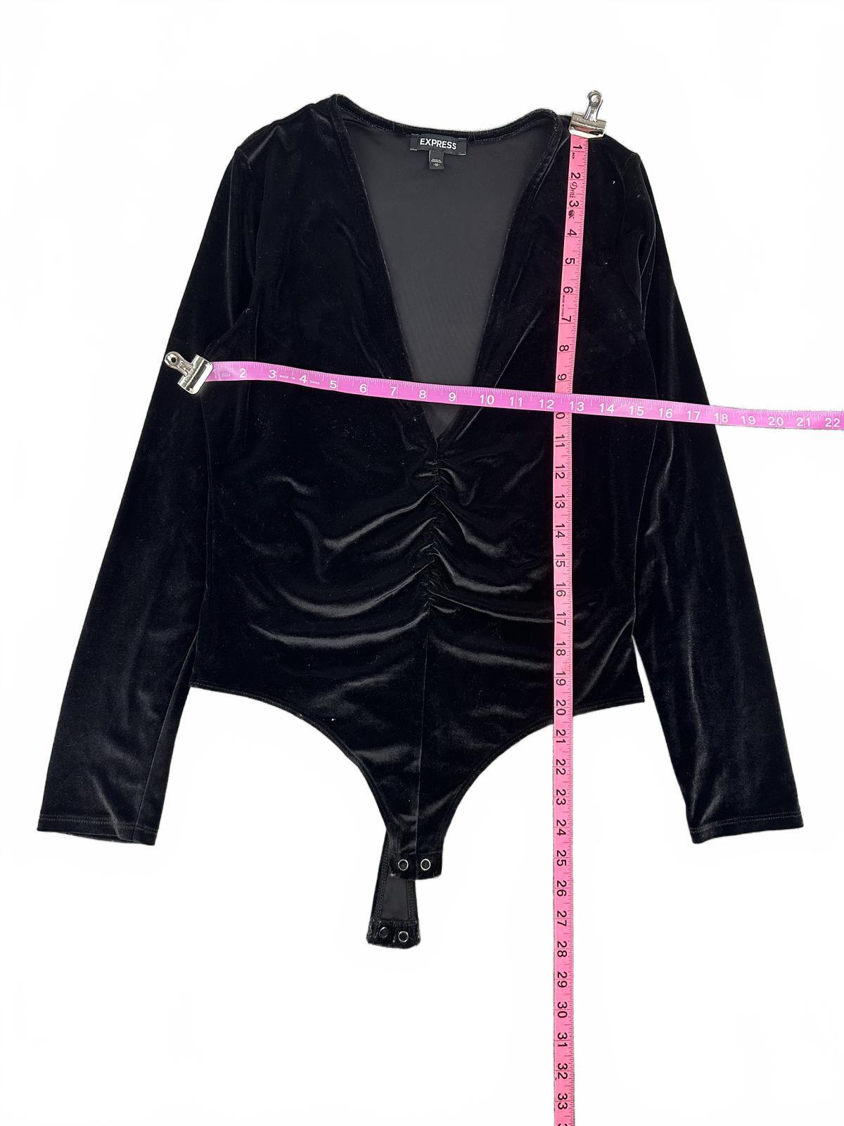 Express Black Velvet Bodysuit Long Sleeve Ruched Front Deep V Neck Chic