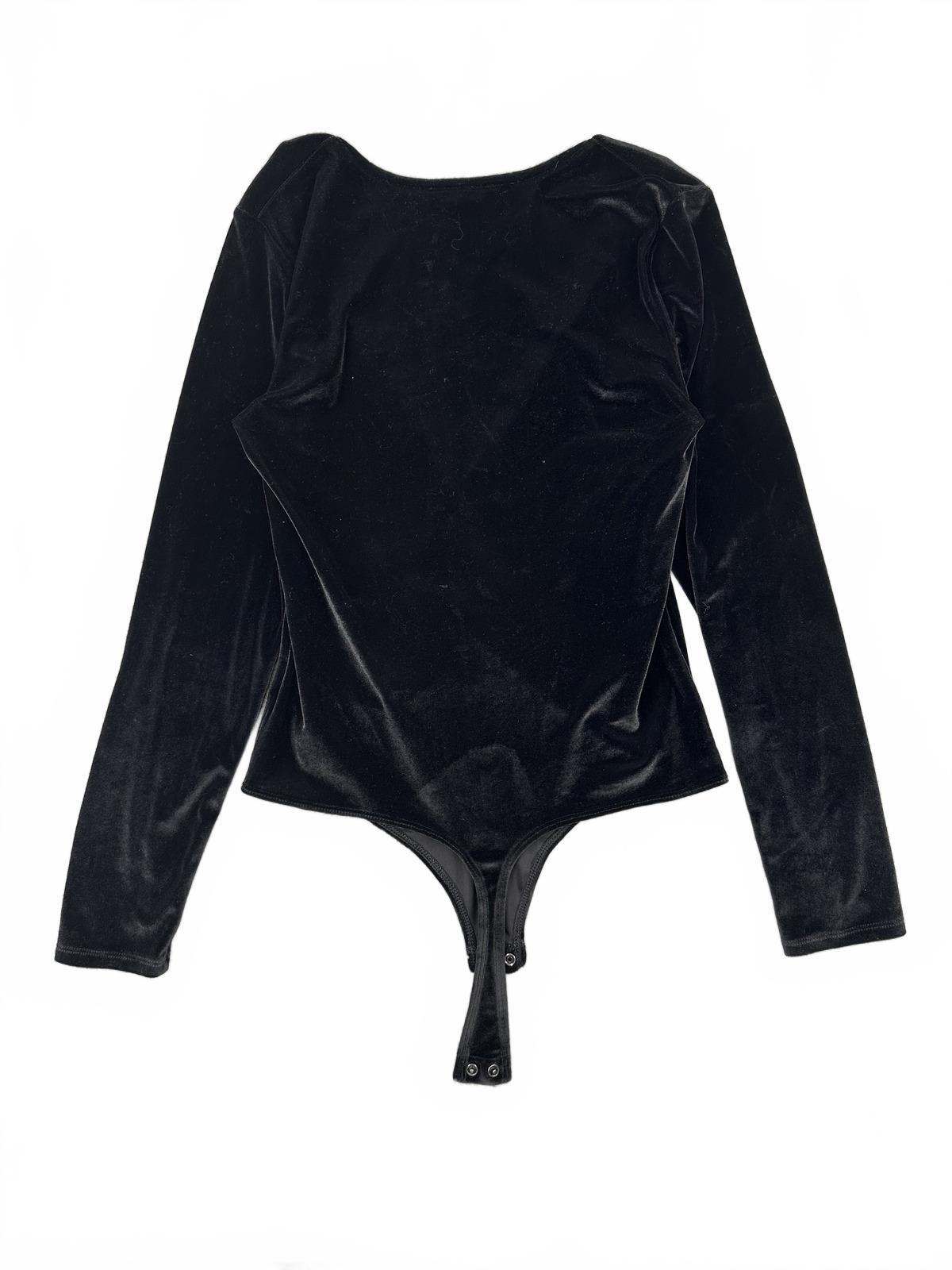 Express Black Velvet Bodysuit Long Sleeve Ruched Front Deep V Neck Chic