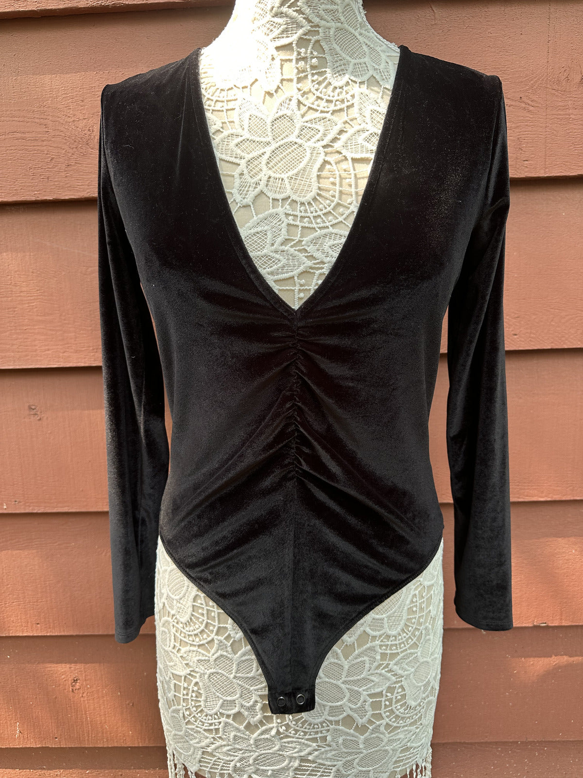 Express Black Velvet Bodysuit Long Sleeve Ruched Front Deep V Neck Chic