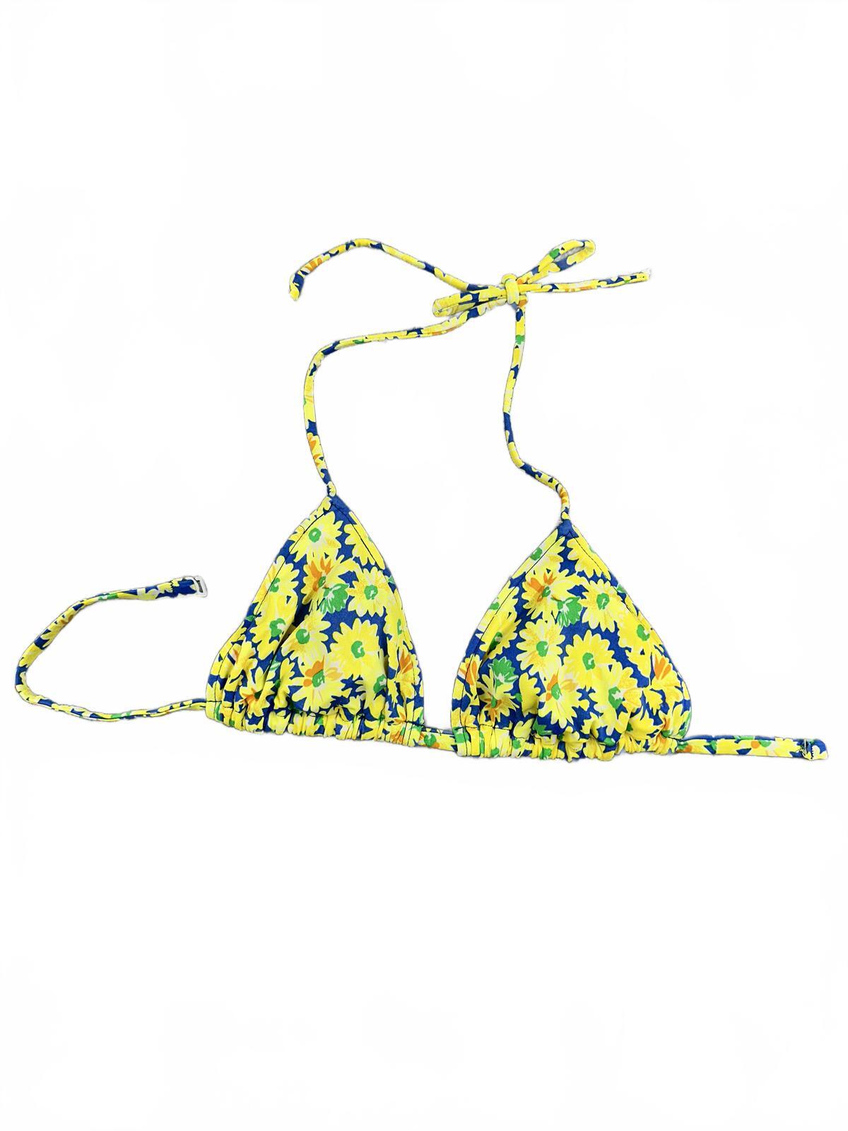 Pro Spirit Vintage Yellow Floral Triangle Bikini Top 90s Retro Summer Bohemian