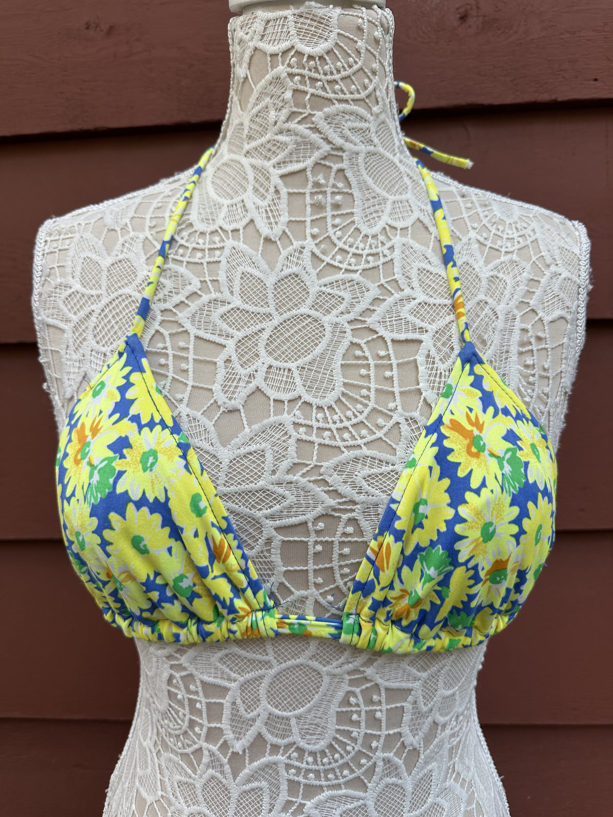 Pro Spirit Vintage Yellow Floral Triangle Bikini Top 90s Retro Summer Bohemian