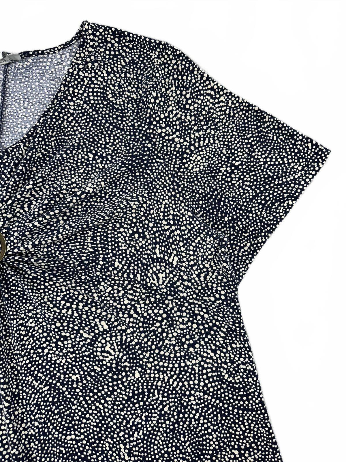 Catherines Navy Blue and White Dot Pattern V Neck Top with Decorative Ring