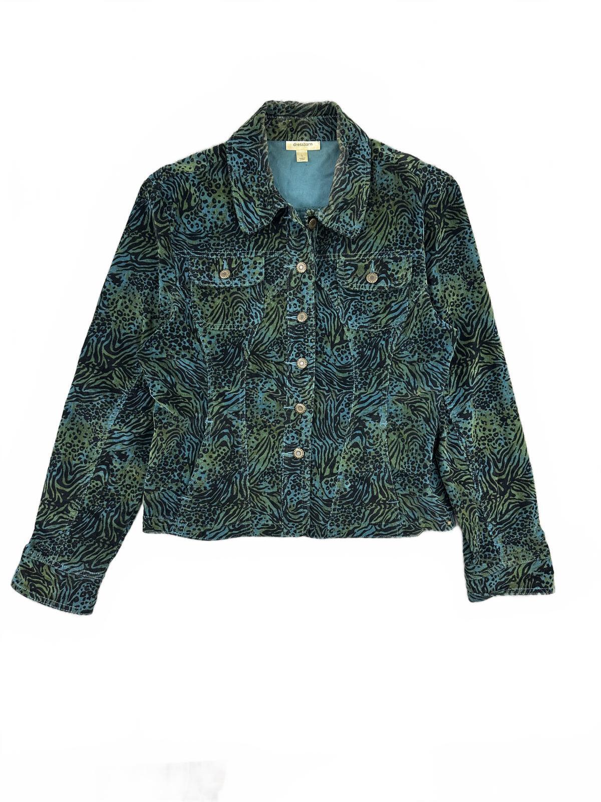 Dressbarn Animal Print Button Up Shirt Jacket Blue Green Y2K Boho