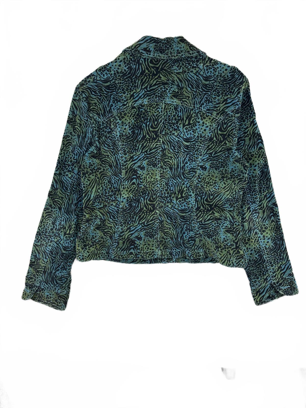Dressbarn Animal Print Button Up Shirt Jacket Blue Green Y2K Boho