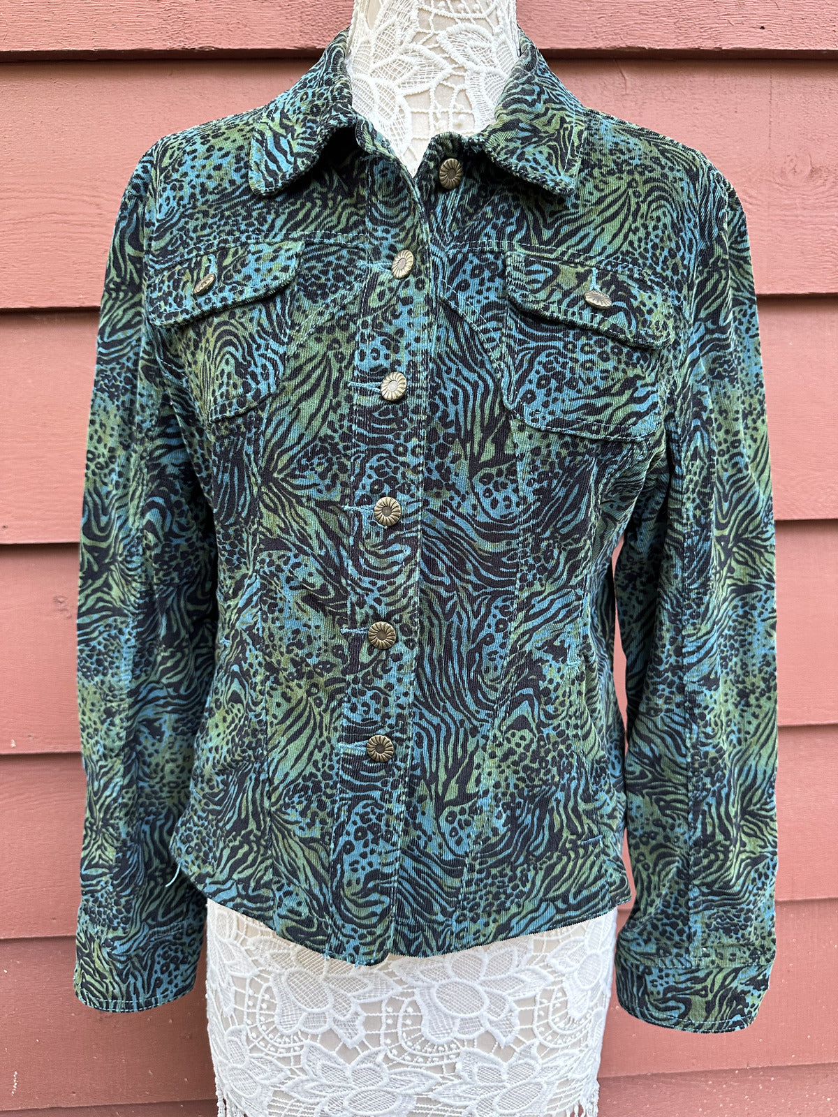 Dressbarn Animal Print Button Up Shirt Jacket Blue Green Y2K Boho