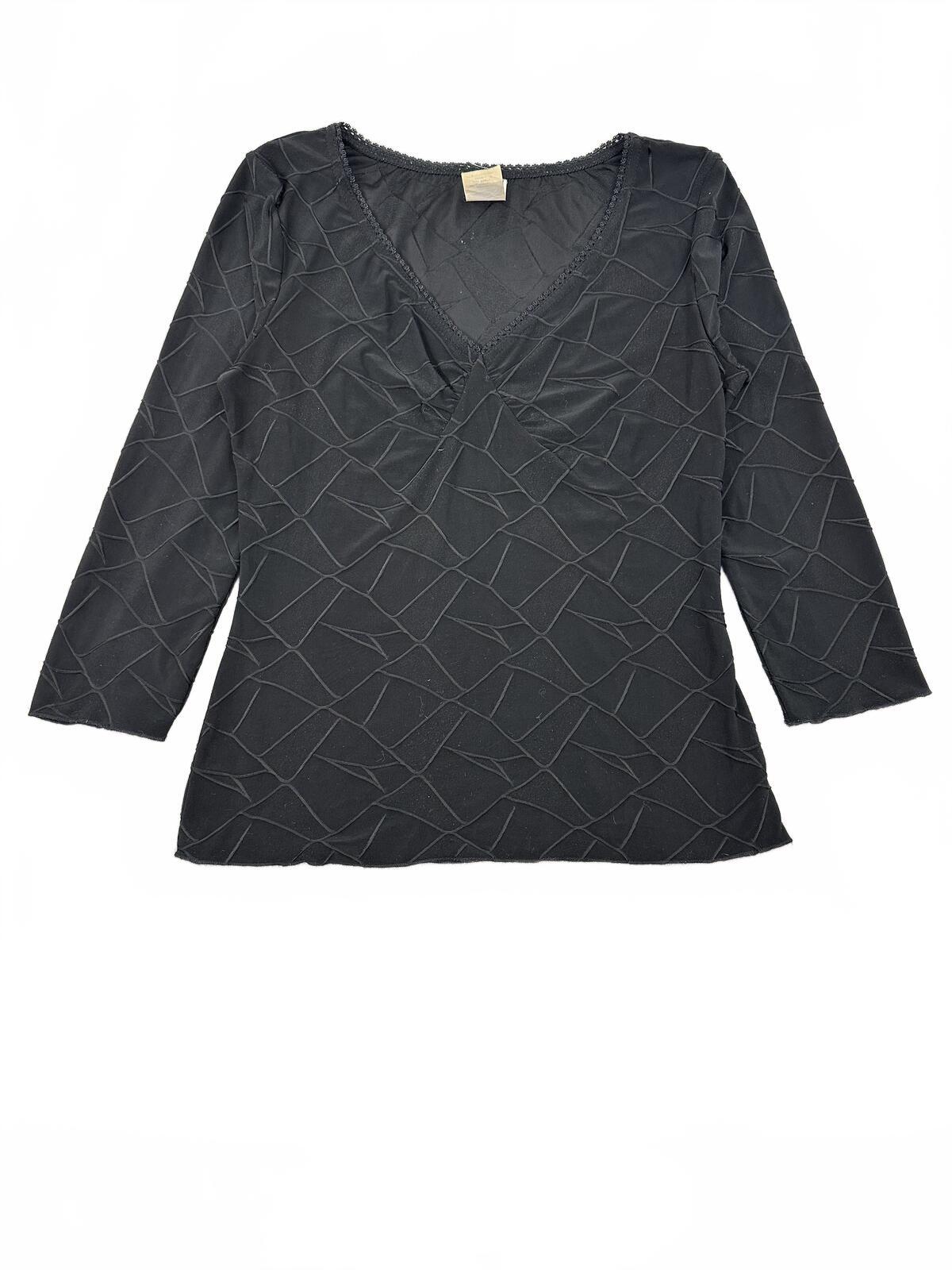 Wrapper Black Textured V-Neck Long Sleeve Top Casual Office Wear
